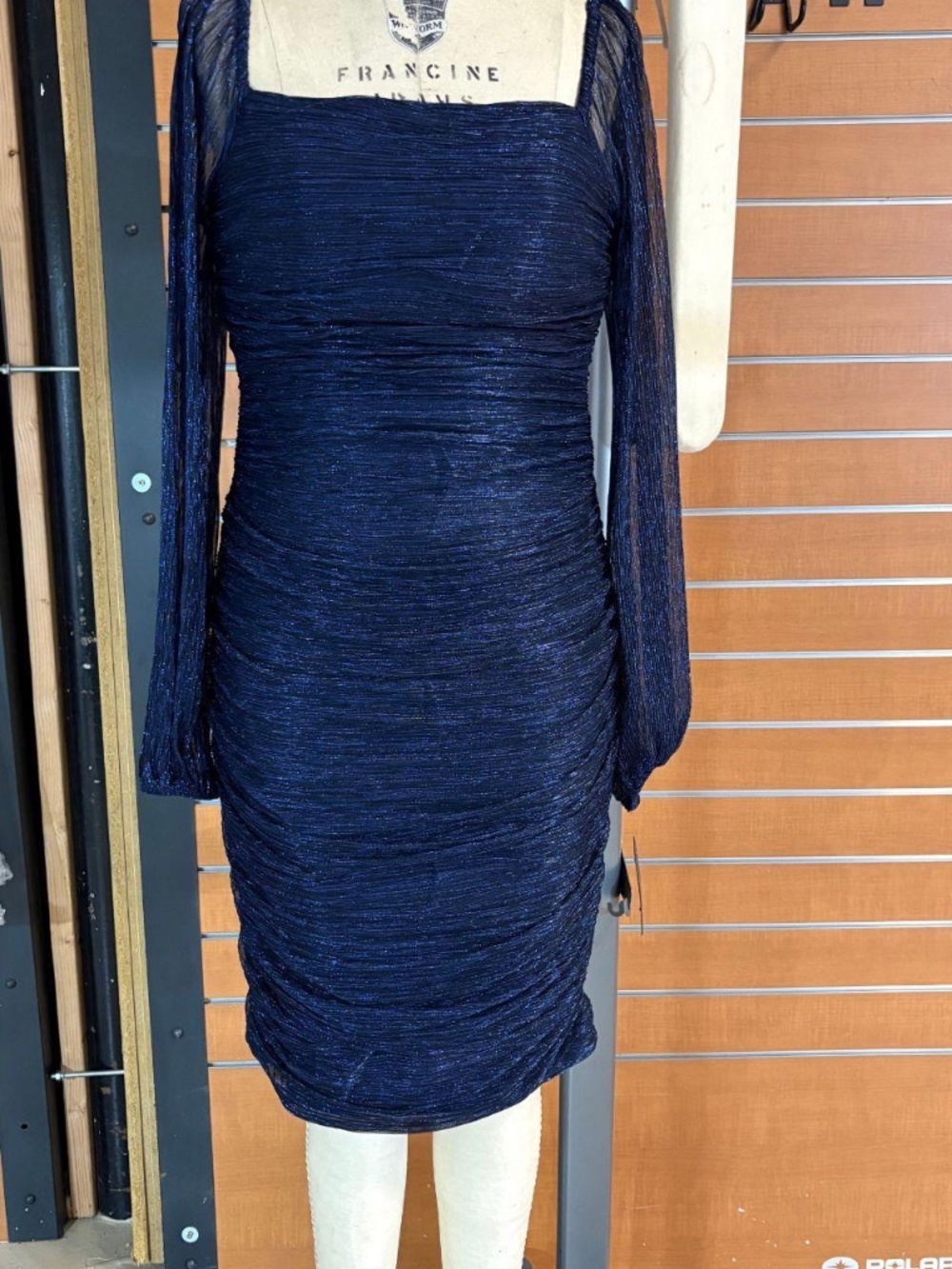 NWT Marina Navy Metallic Ruched Sheer Sleeve Bodycon Dress